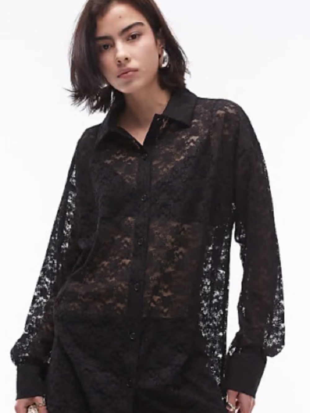 Topshop Black Sheer Lace Button-Down Shirt